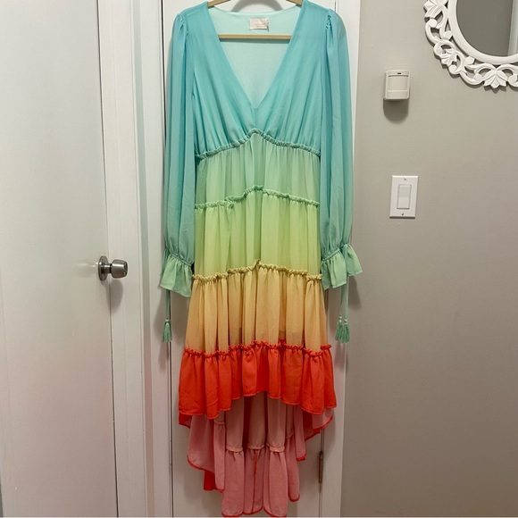Champagne & Strawberry Rainbow Ombre Long Sleeve Tiered High Low Dress L boho - Picture 2 of 9